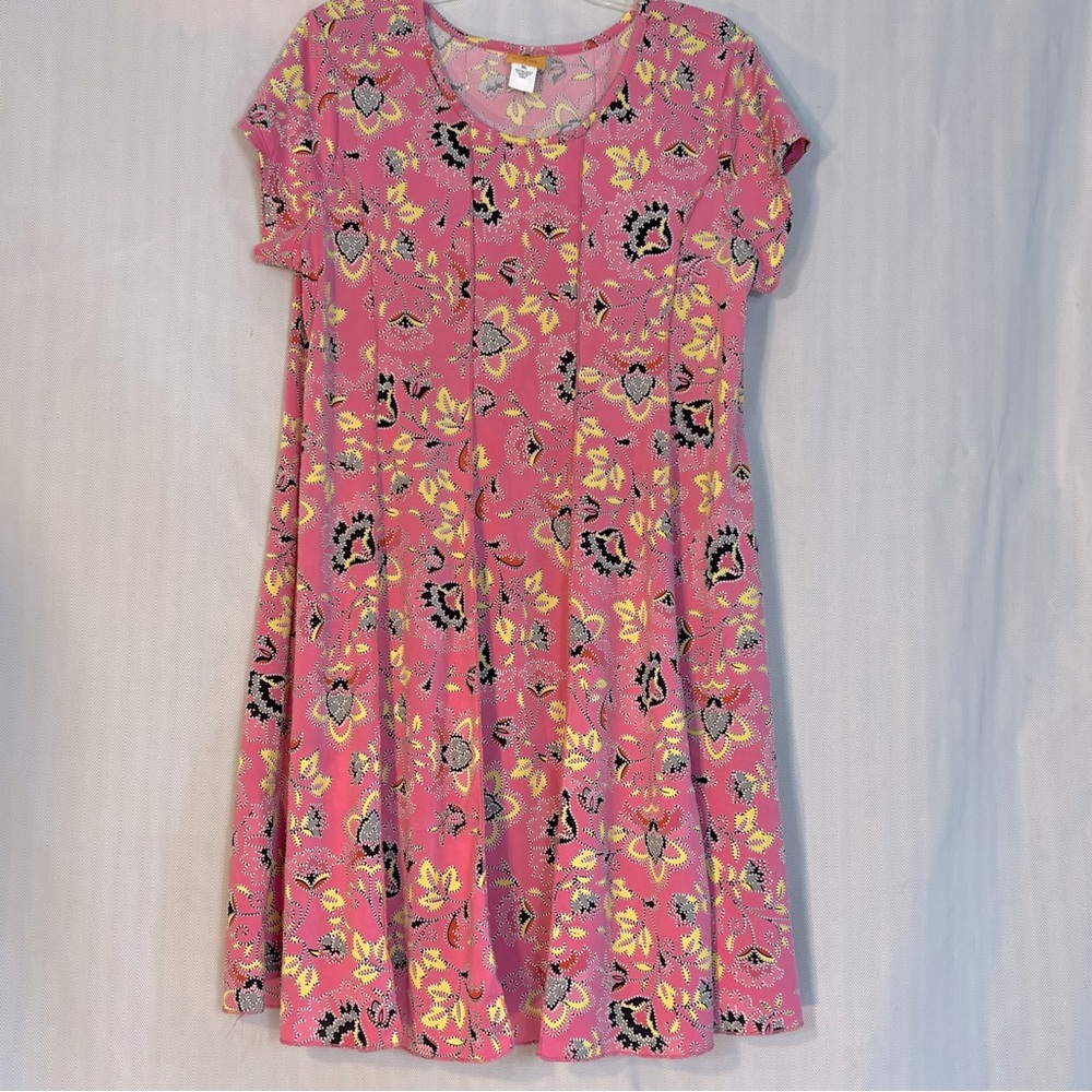 Ruby Rd. Dress Pink Multicolor Floral Swing Short Sleeves Pintuck Jersey XL👍